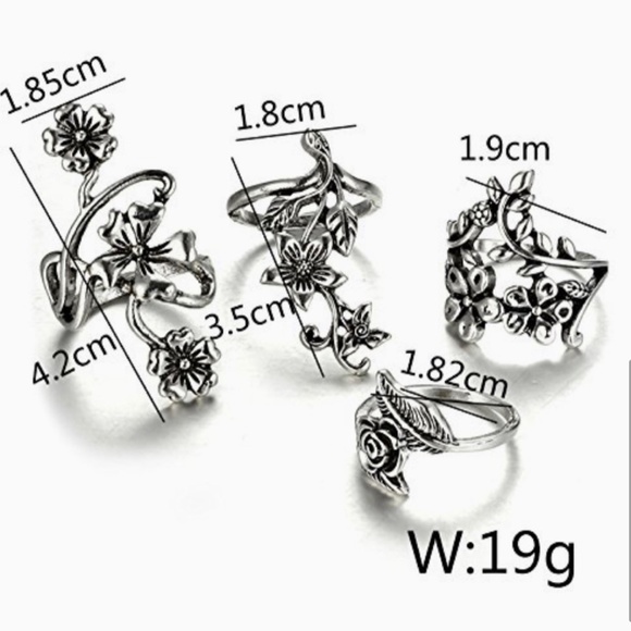 New 4Pcs Vintage Carved Rose Flower Leaf Knuckle Ring Set One Size - Picture 5 of 6